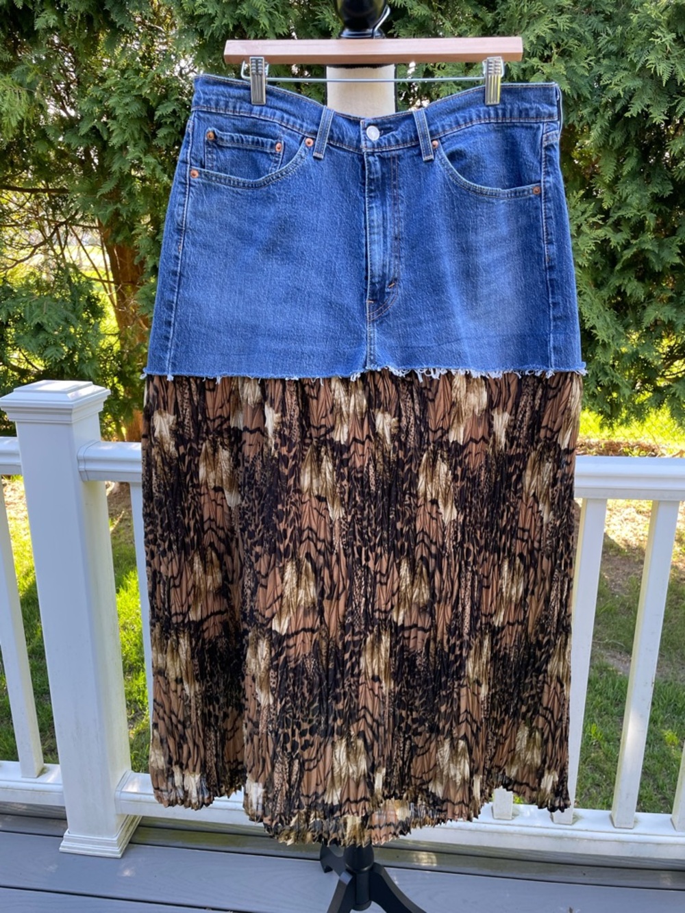 Upcycled Levi's Denim and Leopard Jean Flowy Maxi Skirt
